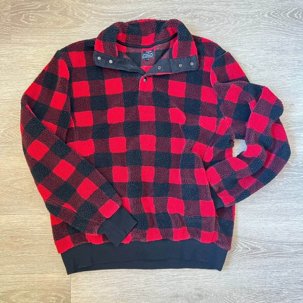 J. Crew Buffalo Check Fleece Pullover Sweater, XL, Oversized Red & Black Plaid